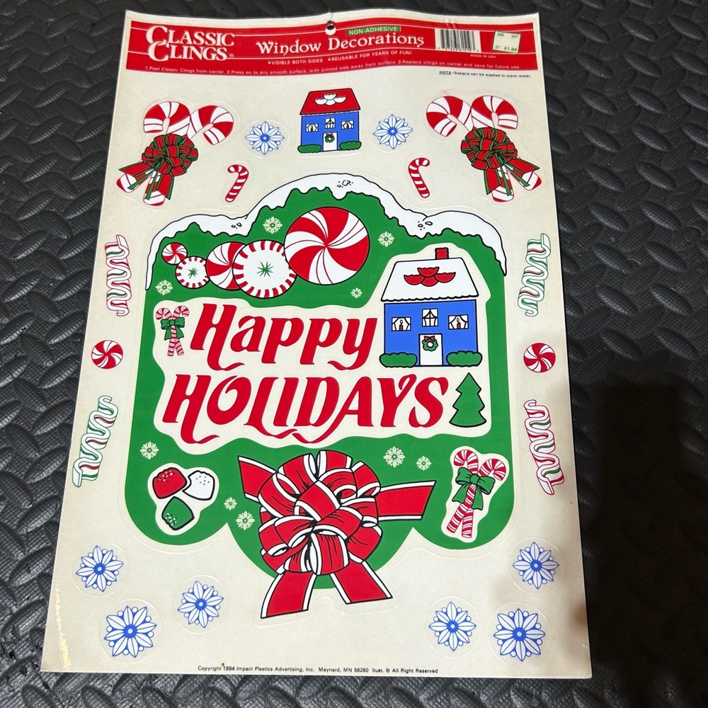 Vintage Christmas Window Cling Decor Candy Canes Happy Holidays Festive 90s NEW